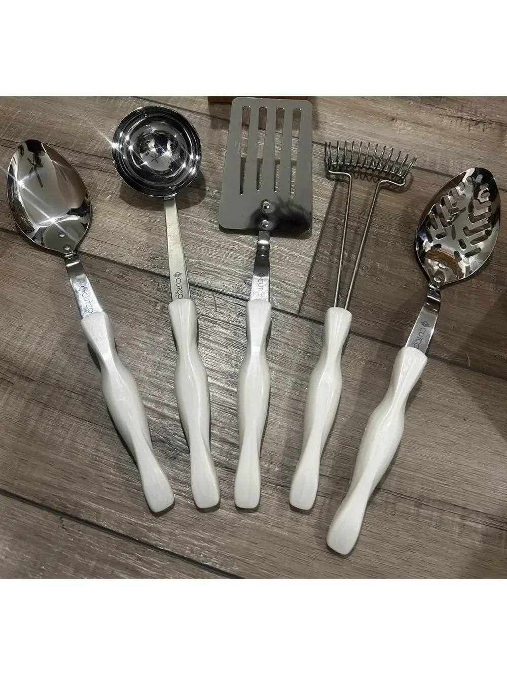 5 White Pearl Handle CUTCO Kitchen Utensils Spatula Ladle Spoons Whisk Lot